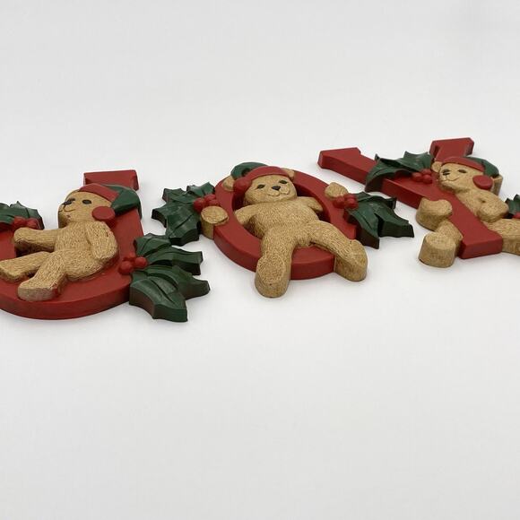 Home Interiors Homeco JOY Teddy Bear Christmas Wall Decor Plaques Holly Vintage - Picture 10 of 12